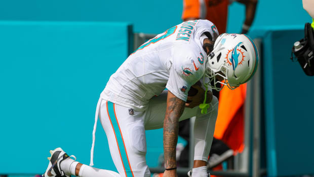 Sep 24, 2023; Miami Gardens, Florida, USA; Miami Dolphins wide receiver Robbie Chosen (3) celebrates after scoring a touchdown against the Denver Broncos in the fourth quarter at Hard Rock Stadium.